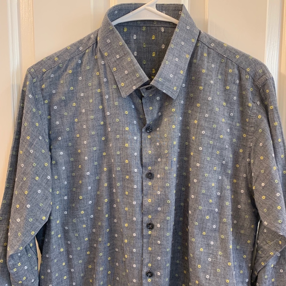 Cotton blue grey shirt yellow green woven dots 16 - Picture 2 of 8